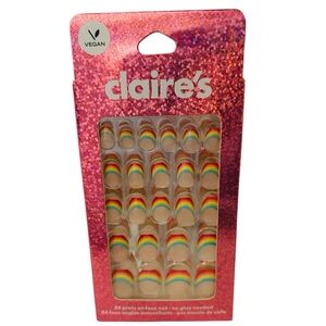 Girls Rainbow French Tip Coffin Vegan Press On Faux Nail Set 24 Pack. pre-glued